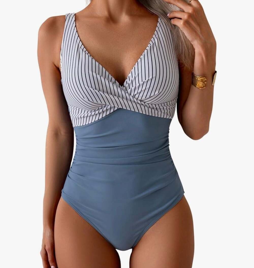 Eomenie Women's Striped Ruched Tummy Control One Piece Swimsuit Sz S Vacation